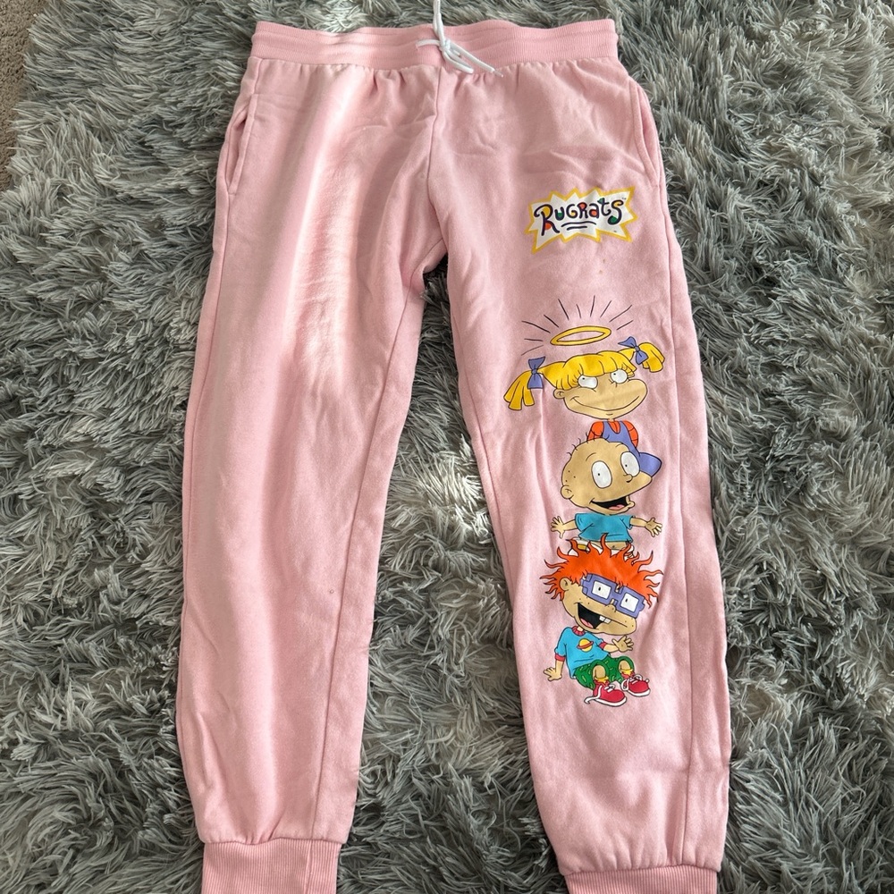 Soft Pink Cartoon Graphic Joggers with Elastic Cuffs